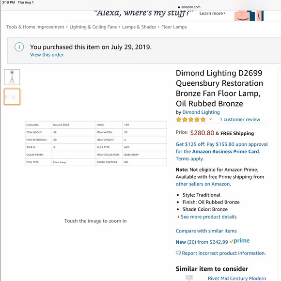 Oil rubbed bronze fan shaped floor lamp NIB - Picture 3 of 3